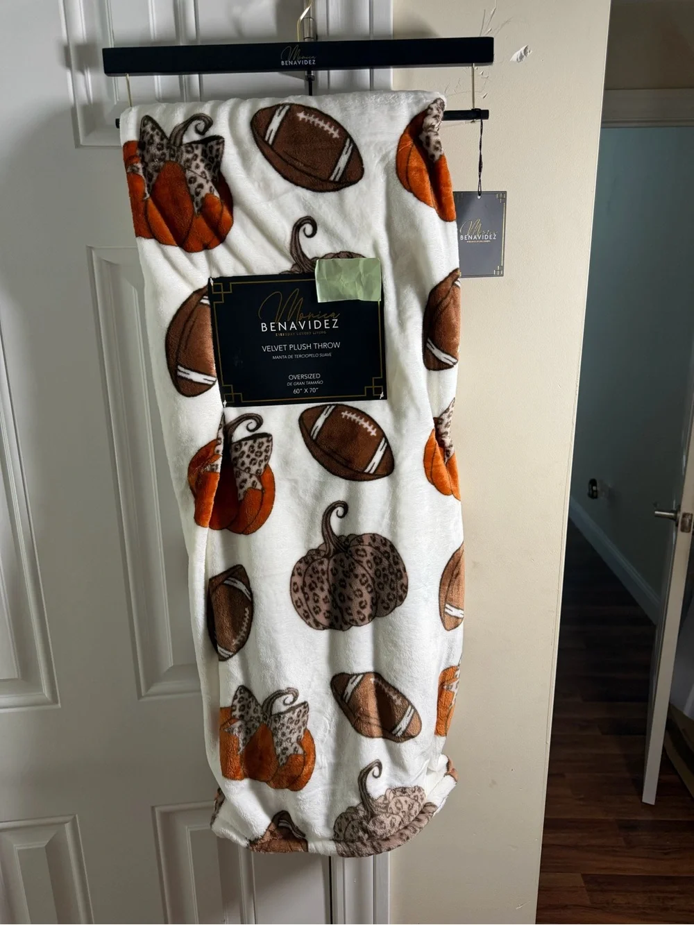 Monica Benavidez Fall Velvet Plush Blanket with Footballs & Leopard Pumpkins